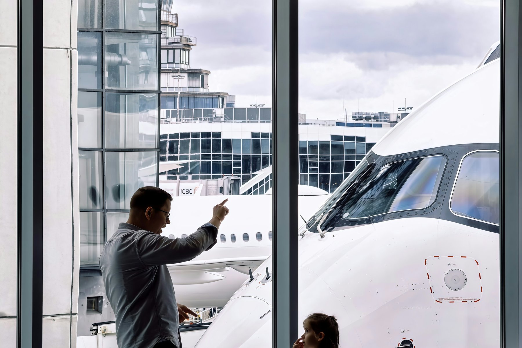 A father and daughter watching an aircraft through an airport gate window