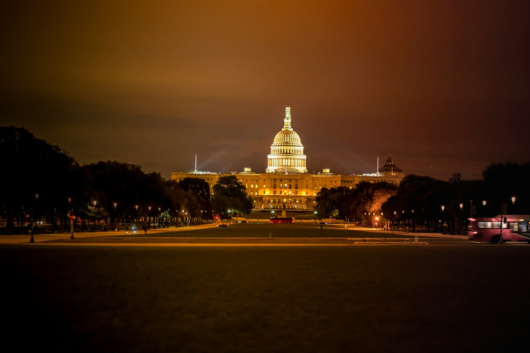 The United States Capitol lit at night