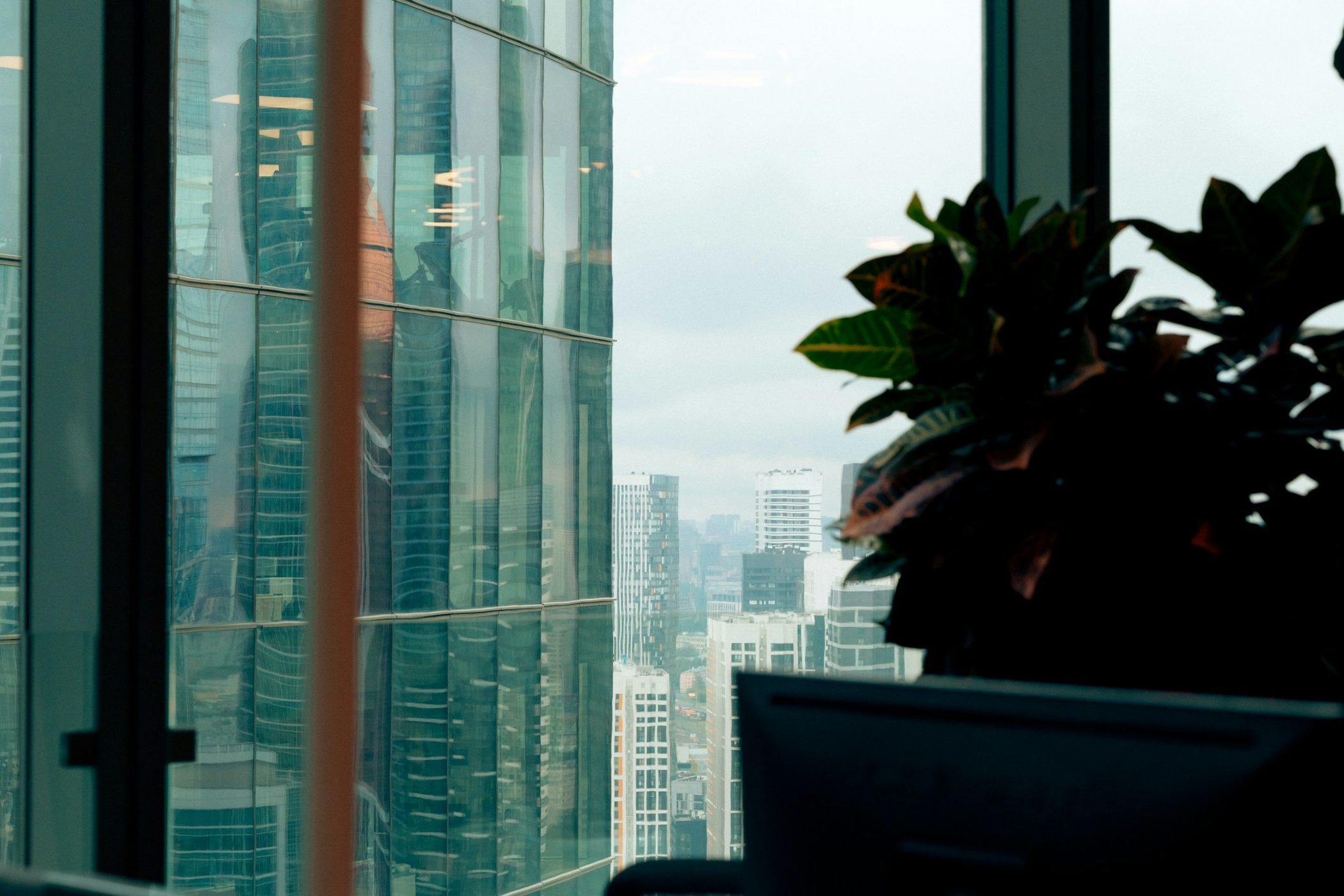 A city skyline seen through a tall office window